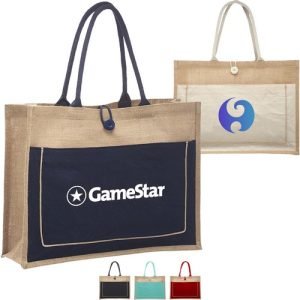 Two tone Jute Tote Bag Front Pocket & Colored Handles & Gusset (17.75" x 13.75")