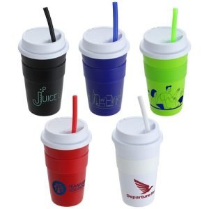 14 oz Coffee Cup with Silicone Sleeve + Straw